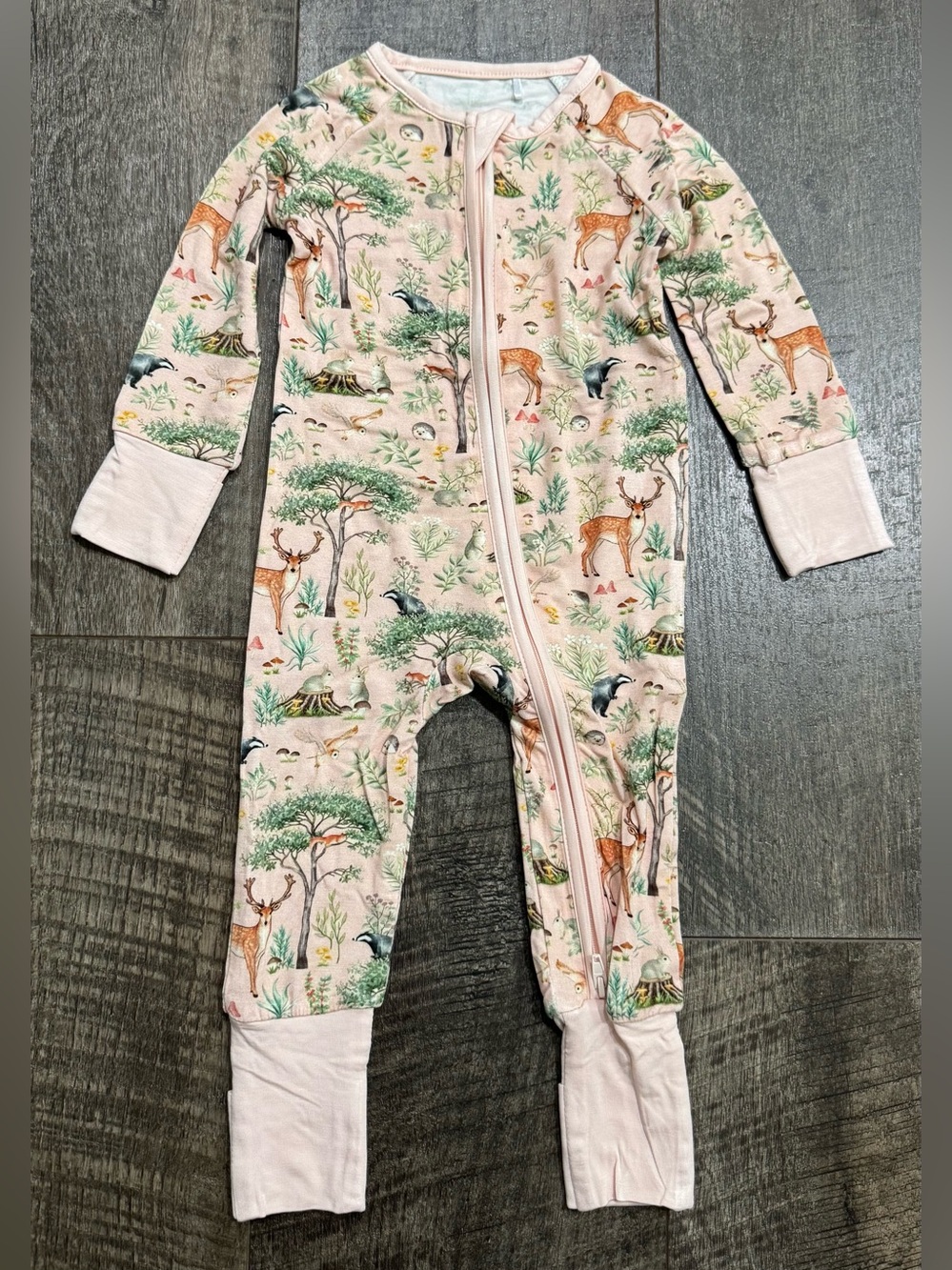 Bamboo Zipper Sleeper “Woodland Forest” Print Baby Girl size 3-6m